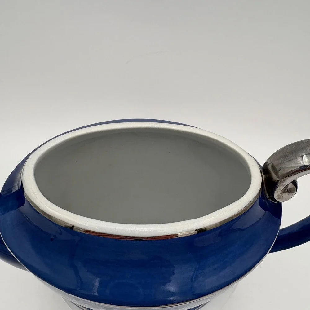 Bombay Blue White Silver Trim‎ Ceramic Teapot Decorative VTG